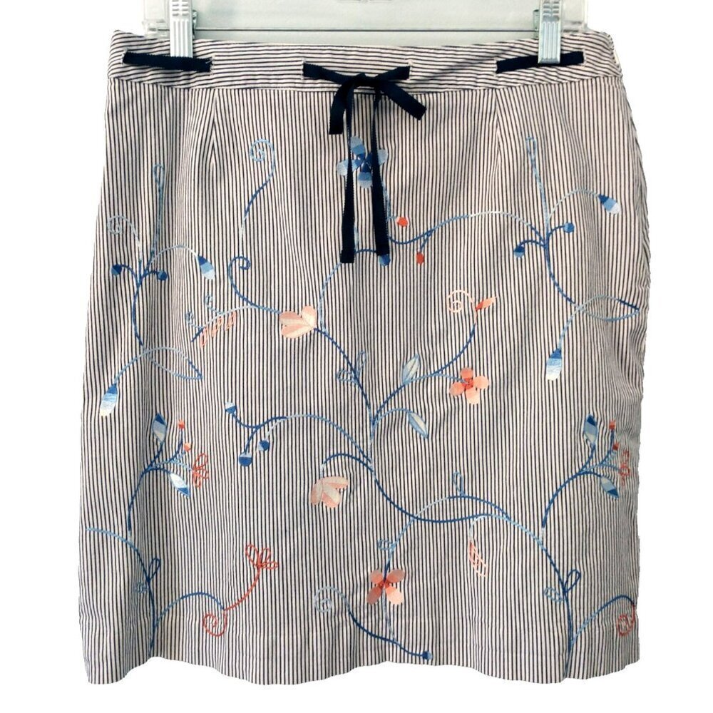Talbots Womens Skirt Blue White Striped Embroidered Flowers Stretch Cotton - 14
